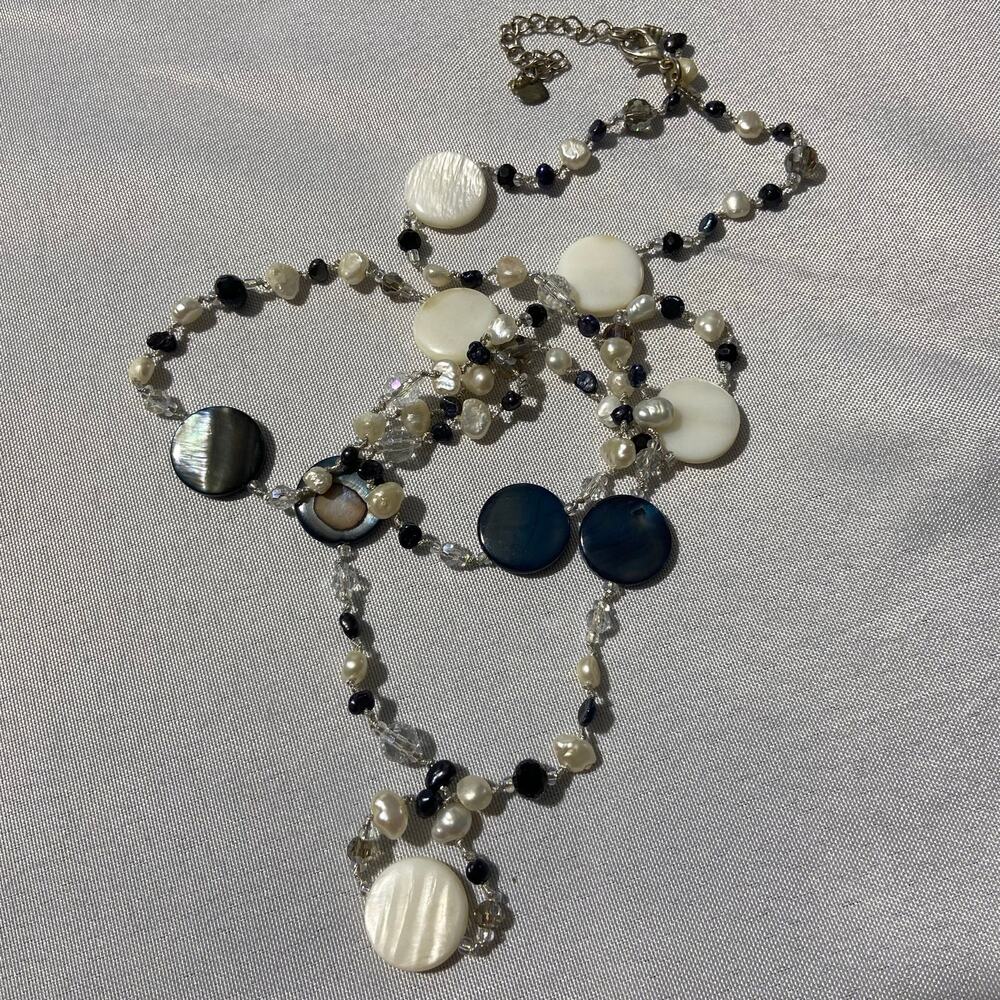 Long Faux Pearl & Faceted Bead Necklace with Flat Round Stone Accents